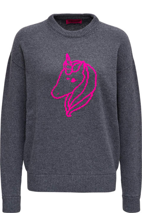 Grey Wool Blend Sweater With Unicorn Print