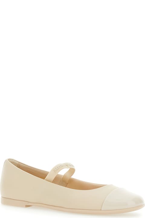 Homeware Emporio Armani Beige Ballet Shoes With Cap Toe And Strap With Logo Lettering In Leather Girl