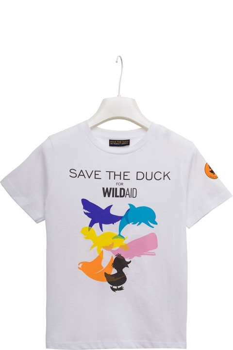 Save The Duck Kids Boy's White Cotton T-shirt With Multicolor Animals Print