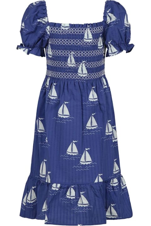 Mini Rodini Dresses for Girls Mini Rodini Blue Dress With Square Neckline And All-over Boat Print In Cotton Girl