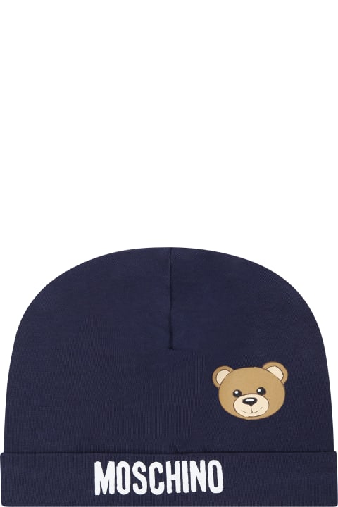 Sale for Baby Boys Moschino Blue Babies Hat With Logo And Teddy Bear
