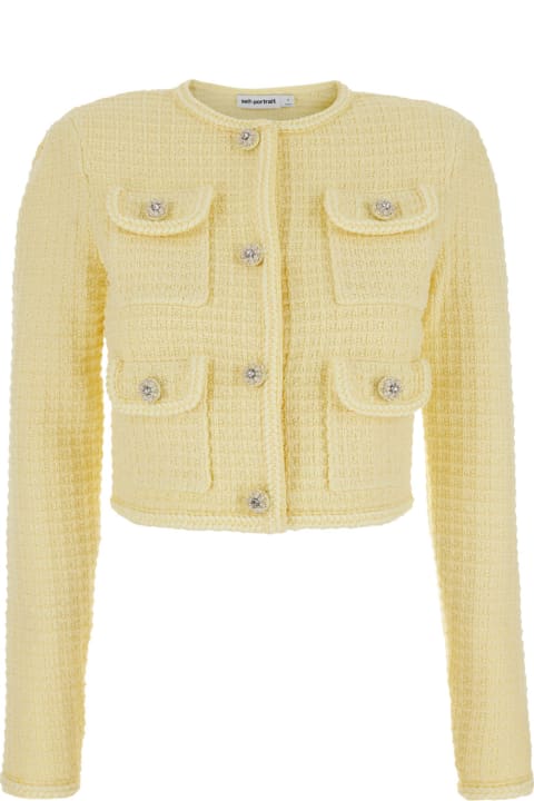 ウィメンズ self-portraitのコート＆ジャケット self-portrait Yellow Crop Cardigan With Jewel Buttons In Tweed Woman
