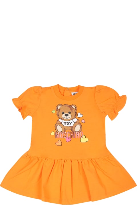 Fashion for Baby Girls Moschino Orange Dress For Baby Girl With Teddy Bear And Hearts