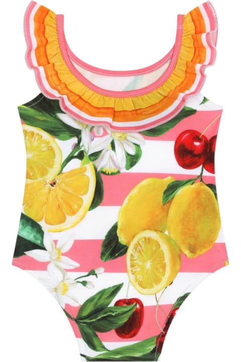 Dolce & Gabbana for Baby Girls Dolce & Gabbana Stretch Fabric One-piece Swimwear With Lemon And Cherry Print