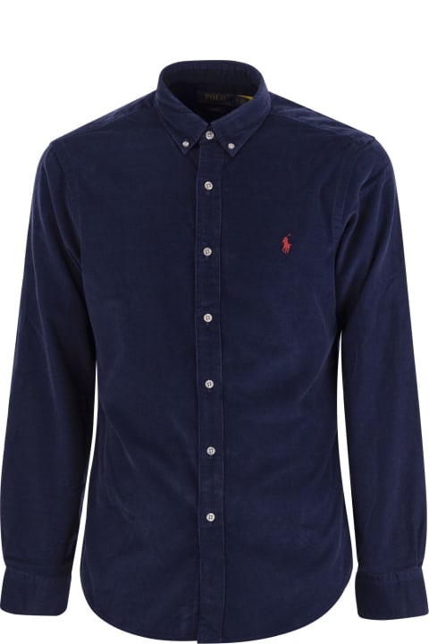 Fashion for Men Polo Ralph Lauren Man Slim Fit Shirt In Night Blue Fustian With Contrast Pony Polo Ralph Lauren