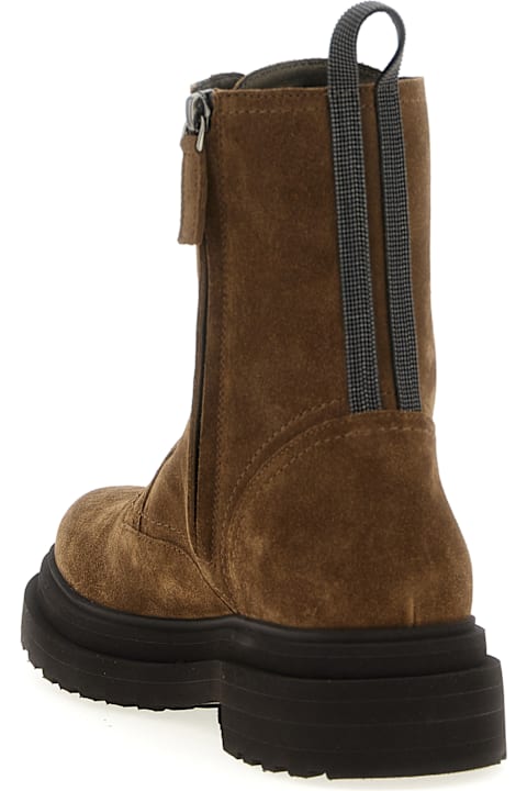 【関税＆送料込み】Brunello Cucinelli Suede Combat Boots Mo Monili suede combat boots in grey - Brunello Cucinelli
