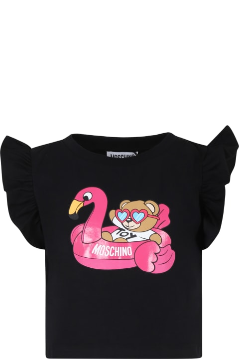 Moschino Topwear for Girls Moschino Black T-shirt For Girl With Teddy Bear And Flamingo