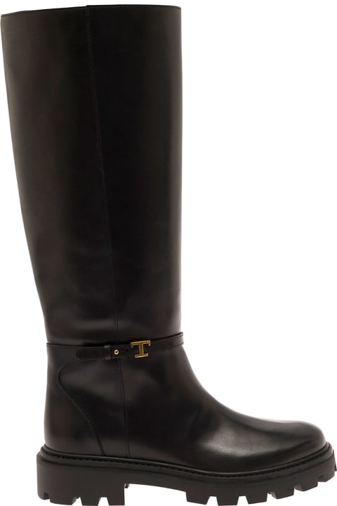 Black Knee Boots With Logo Detail And Chunky Platform In Leather Woman