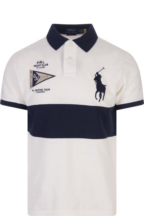 White And Navy Blue Polo Shirt With Big Pony And Nautical Graphics