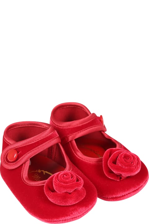 Monnalisa Red Ballets Flats For Baby Girl With Rose