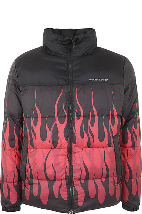 メンズ Vision of Superのコート＆ジャケット Vision of Super Black Puffy Jacket With Red Flames