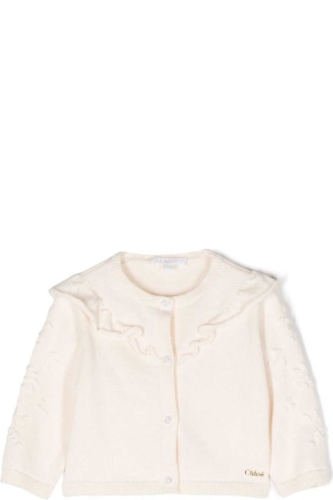 Chloé for Kids Chloé White Cardigan With Frill And Embroidered Logo In Cotton And Wool Baby