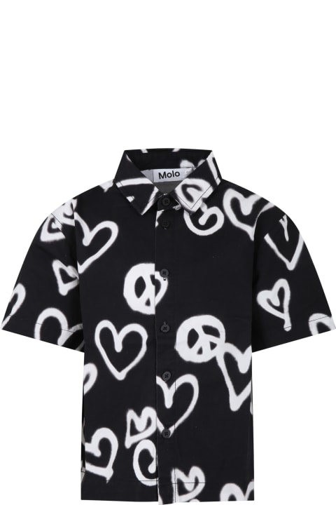 Molo Shirts for Boys Molo Black Shirt For Boy With White Hearts