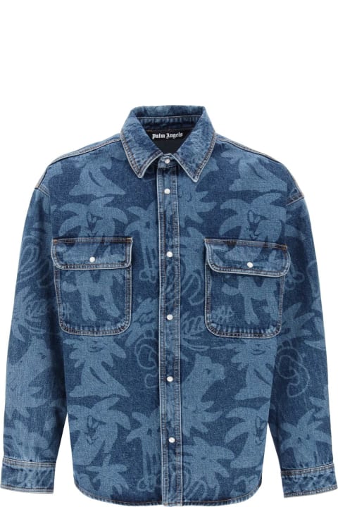 Palm Angels Coats & Jackets for Men Palm Angels Overshirt In Denim With Laser Print All-over