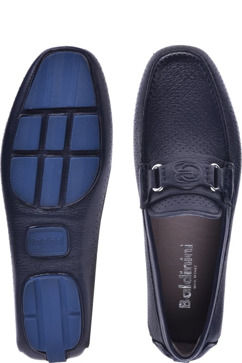 Navy Blue Perforated Leather Driving Loafers