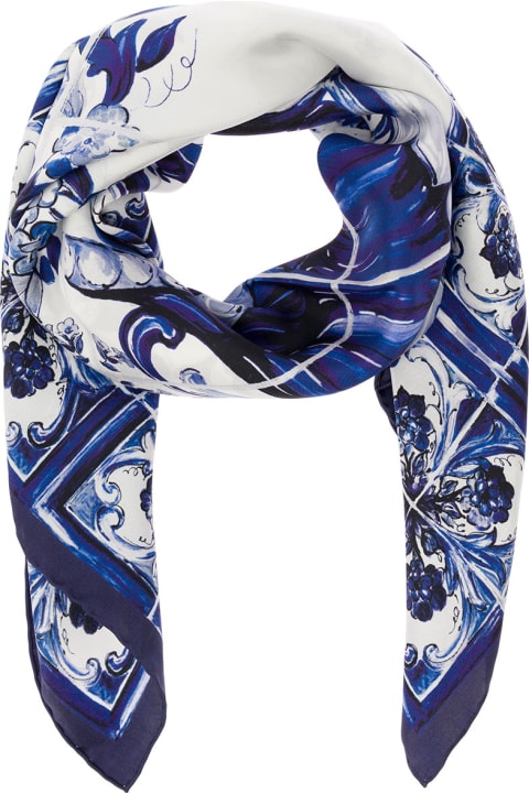 Dolce & Gabbana Woman's White And Blue Silk Maiolica Printed  Scarf