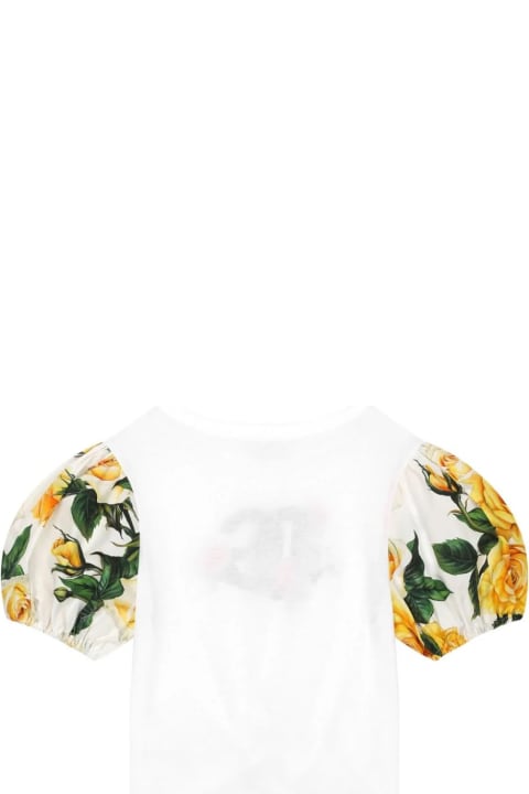 ウィメンズ Dolce & GabbanaのTシャツ＆ポロシャツ Dolce & Gabbana Jersey And Poplin T-shirt With Dg Logo And Yellow Rose Print