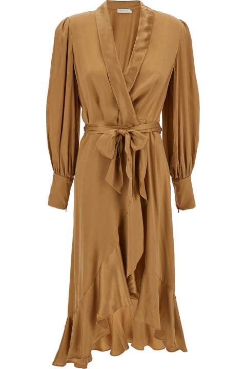 Zimmermann for Women Zimmermann Midi Asymmetric Beige Dress With Belt In Silk Woman