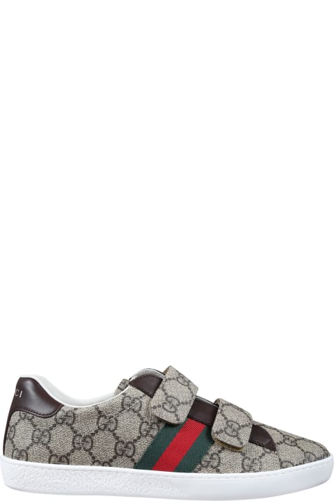 Homeware Gucci Brown Ace Sneakers For Kids With All-over Gg Logo