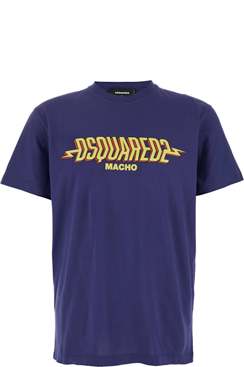 Dsquared2 for Men Dsquared2 Blue Crewneck T-shirt With Logo Print On The Front In Cotton Man