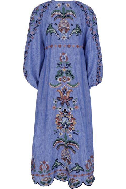 Farm Rio for Men Farm Rio Round Neck Dress With Knot Closure And All-over Embroidery In Blue Fabric For Women