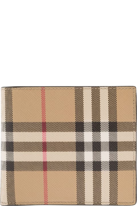 Brown Bi-fold Wallet With Vintage Check Motif All-over In Cotton Blend