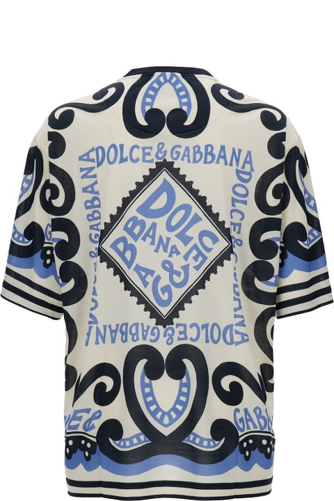 Dolce & Gabbana Topwear Sale for Men Dolce & Gabbana Light Blue And White Crewneck T-shirt With Marina Print In Silk Man