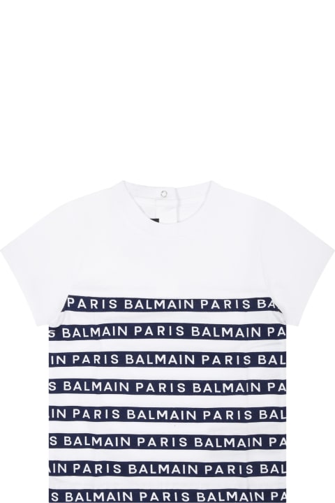 Topwear for Baby Boys Balmain White T-shirt For Baby Boy With Blue Stripes And Logo