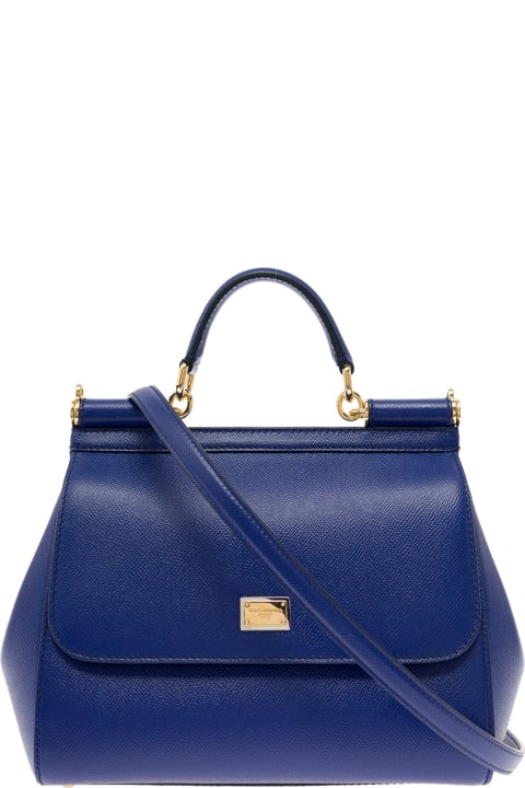 Dolce & Gabbana Woman's Sicily Medium  Blue Hammered Leather Handbag