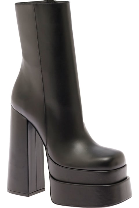 Black Booties In Leather With Platform And High Block Heel Versace Woman