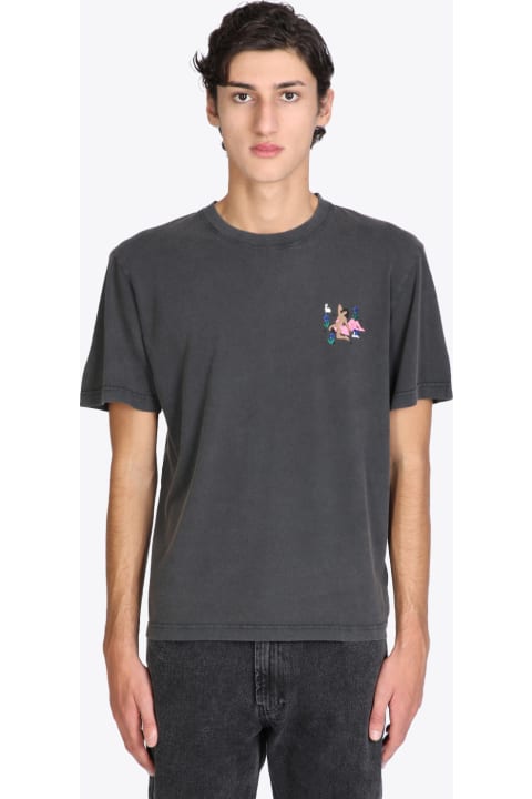 Pussy Peony Washed black cotton t-shirt with chest embroidery - Pussy peony