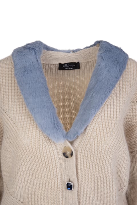 Fashion for Women Blumarine Beige Wool Cardigan With Blue Eco-fur Blumarine