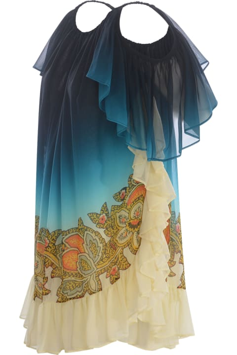 Homeware Etro Light Blue Shaded Georgette Mini Dress With Ruffles