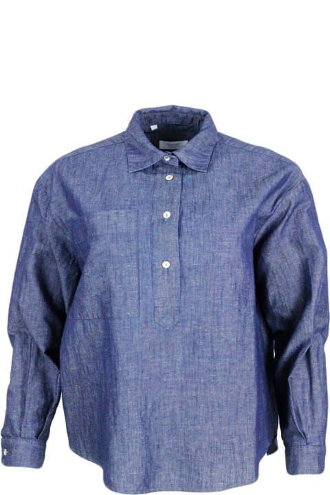 ウィメンズ Barba Napoliのトップス Barba Napoli Lightweight Denim-effect Pull-on Shirt In Linen Cotton With Four Buttons And Chest Pocket