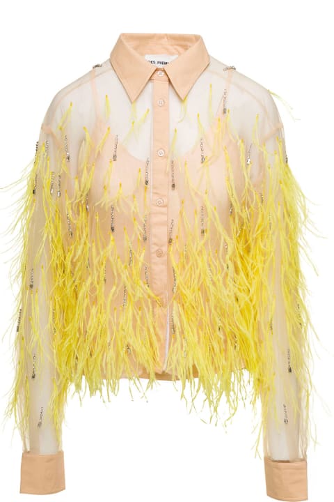 Light Pink Embroidered Shirt With All-over Feathers In Polyamide Woman