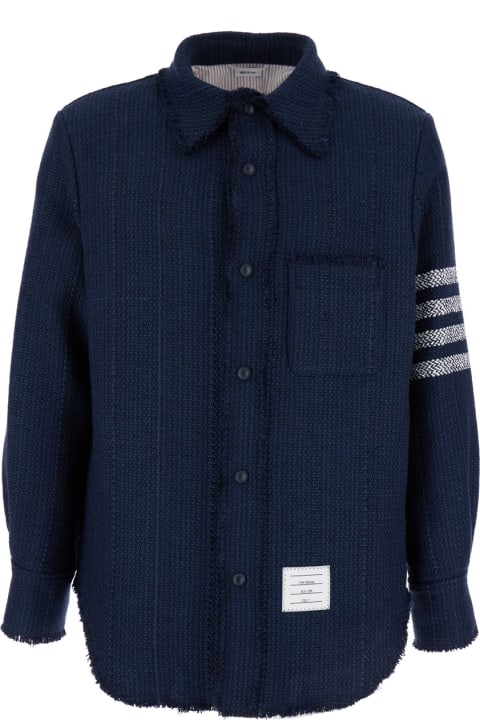 メンズ新着アイテム Thom Browne Snap Front Shirt Jacket W/fray Edge In Woven 4 Bar Solid Cotton Tweed