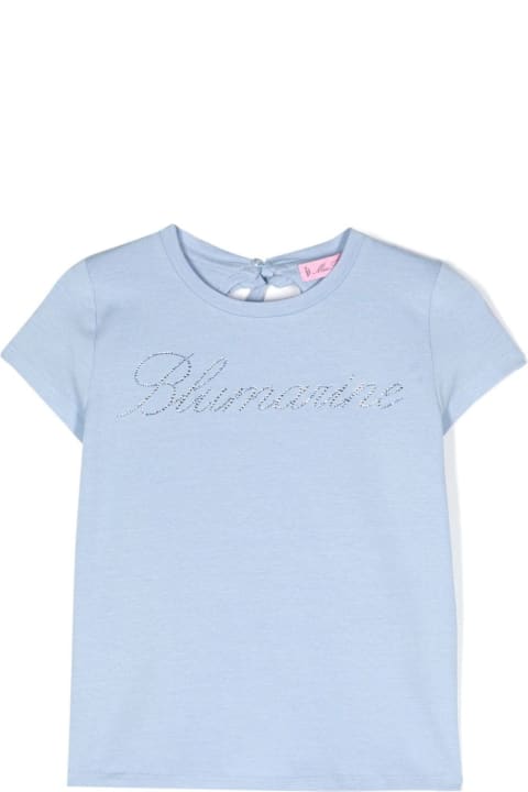 Fashion for Kids Miss Blumarine Light Blue T-shirt With Rhinestone Logo And Ruffle Detail