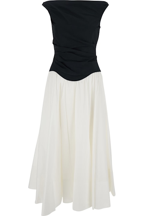 Simkhai for Women Simkhai 'cersei' Black And White Off-shoulder Midi Dress With Flared Skirt In Cotton Blend Woman