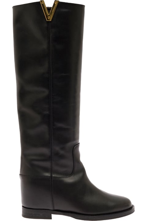 Homeware Via Roma 15 Black Leather Boots With Metal V Logo Detail Via Roma 15 Woman