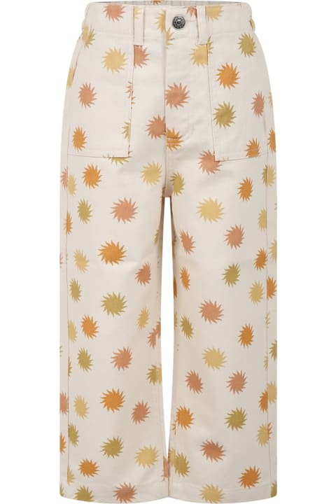 Beige Trousers For Kids With Sun Print
