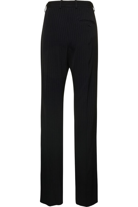 Long Black Pinstripedtrousers With Button And Zip Closure In Wool Woman