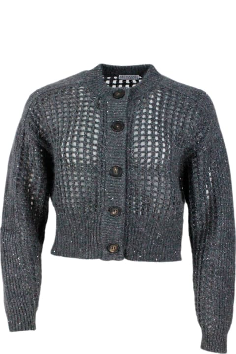 Brunello Cucinelli Clothing for Women Brunello Cucinelli Long-sleeved Mesh Cardigan Sweater In Fine Wool, Cashmere And Mohair Embellished With Lamè Yarn For Shiny Reflections. Slightly Cropped Cut