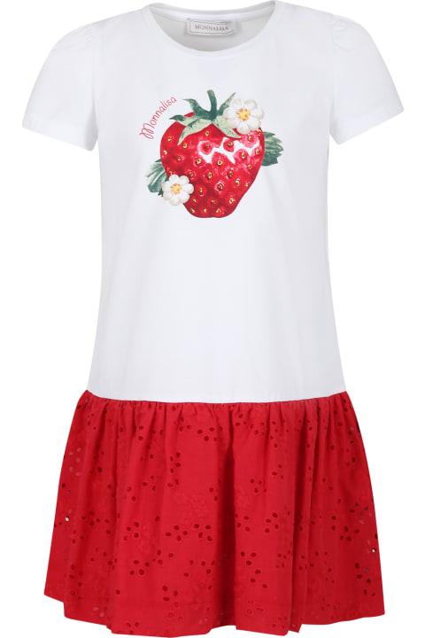 Monnalisa for Kids Monnalisa White Dress For Girl With Strawberry Print