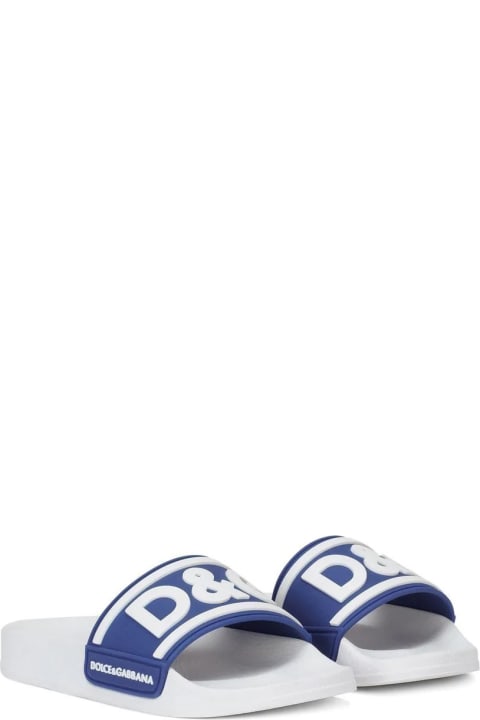 Dolce & Gabbana Kids Dolce & Gabbana White And Blue Rubber Slide With Logo Print
