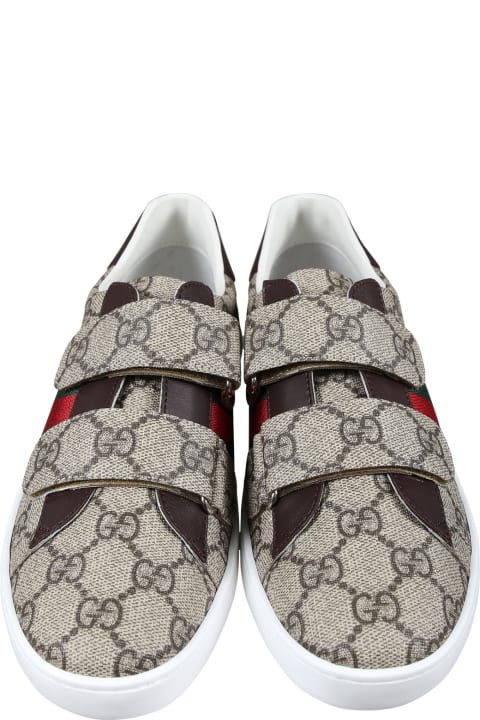 Homeware Gucci Brown Ace Sneakers For Kids With All-over Gg Logo