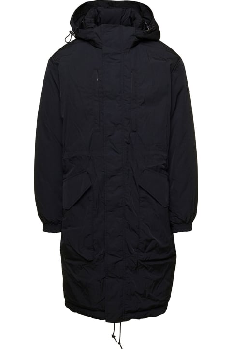 'rengo' Black Hooded Parka Jacket With Logo Patch In Nylon Man