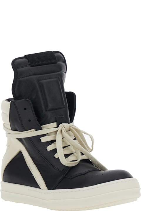 Rick Owens 'creep Geo-basket' Black High-top Sneakers With Contrasting Details In Leather Woman