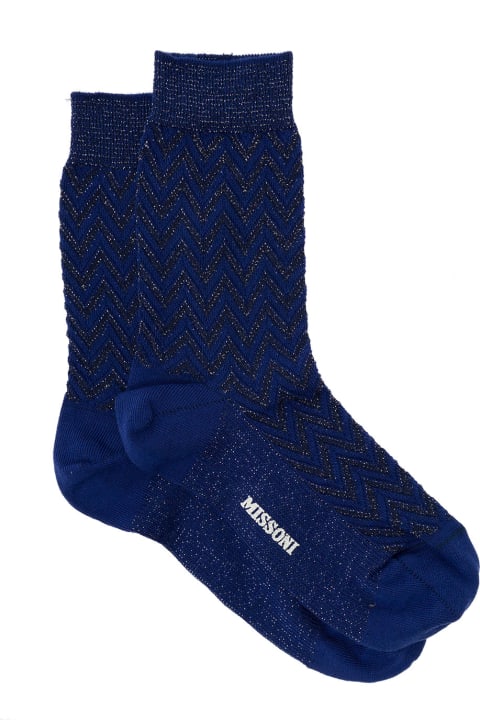 ウィメンズ新着アイテム Missoni Black And Blue Iconic Zig Zag Short Socks In Lightweight Lamé Knit Woman Missoni
