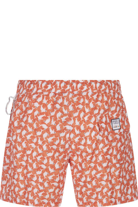 Swimwear for Men Fedeli Orange Swim Shorts With Seals Pattern