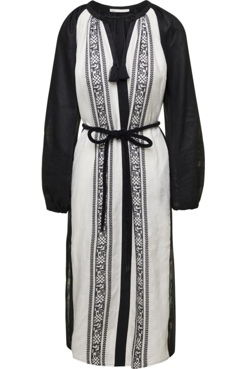 Tory Burch Coats & Jackets for Women Tory Burch Black And White Embroidered Caftan With Tie And Tassels In Linen Woman Tory Burch